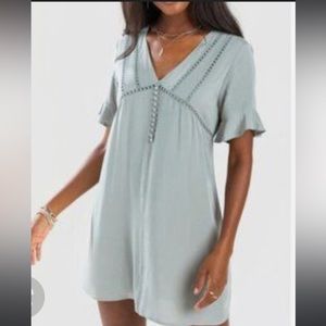 Blue rain eucalyptus mint green medium button ruffle sleeve elegant dress